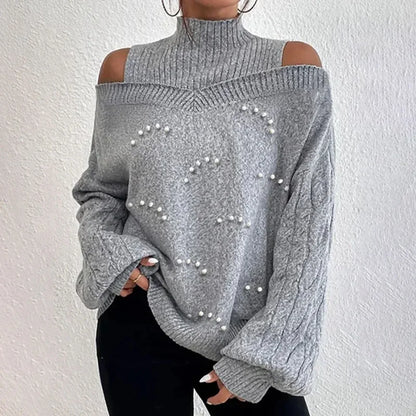 LVSANW Knit Sweater Women 2025 Autumn and Winter New Fashion Product Loose Lantern Long Sleeved Half High Neck Nail Bead Top for Female