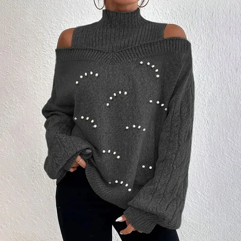 LVSANW Knit Sweater Women 2025 Autumn and Winter New Fashion Product Loose Lantern Long Sleeved Half High Neck Nail Bead Top for Female