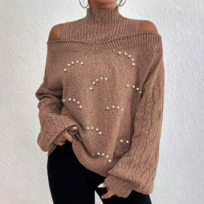 LVSANW Knit Sweater Women 2025 Autumn and Winter New Fashion Product Loose Lantern Long Sleeved Half High Neck Nail Bead Top for Female