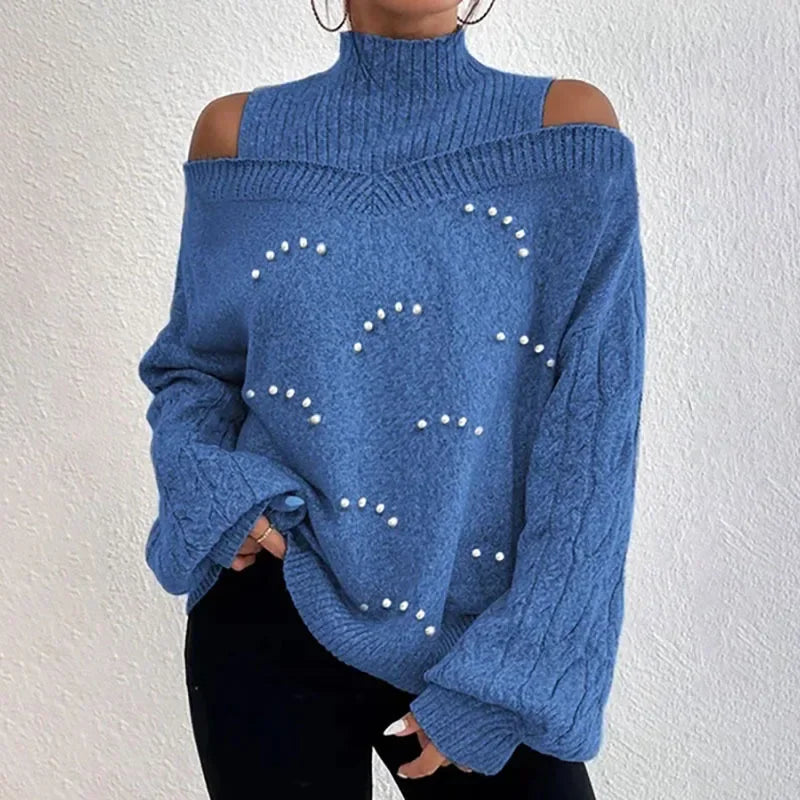 LVSANW Knit Sweater Women 2025 Autumn and Winter New Fashion Product Loose Lantern Long Sleeved Half High Neck Nail Bead Top for Female