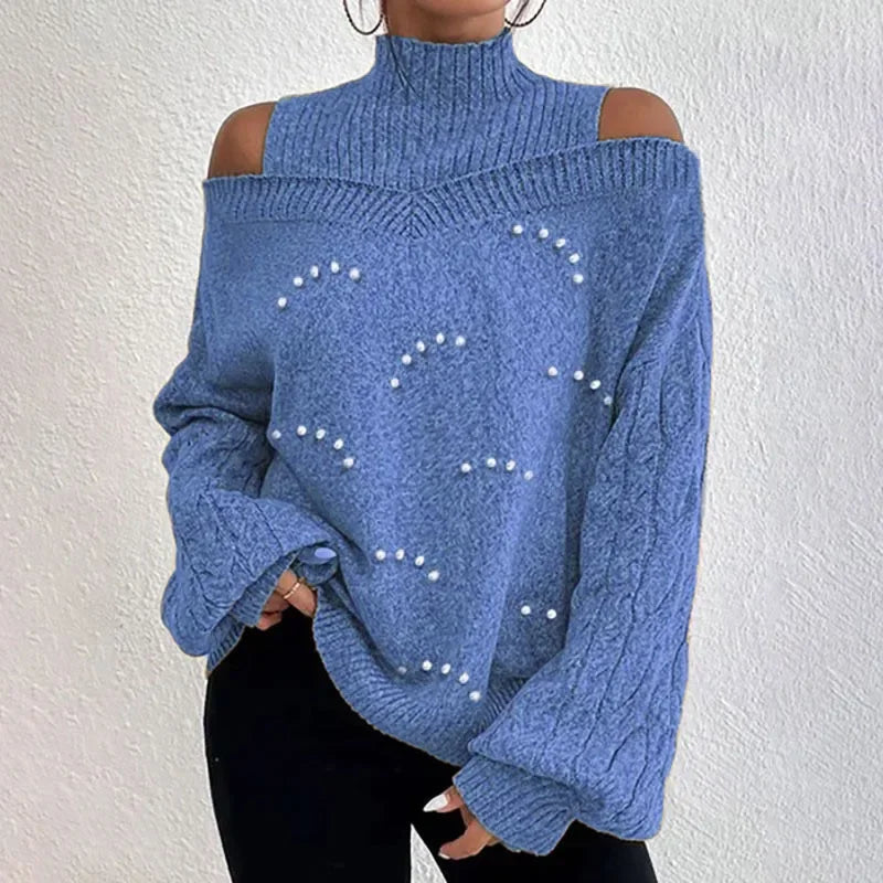 LVSANW Knit Sweater Women 2025 Autumn and Winter New Fashion Product Loose Lantern Long Sleeved Half High Neck Nail Bead Top for Female