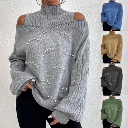 LVSANW Knit Sweater Women 2025 Autumn and Winter New Fashion Product Loose Lantern Long Sleeved Half High Neck Nail Bead Top for Female