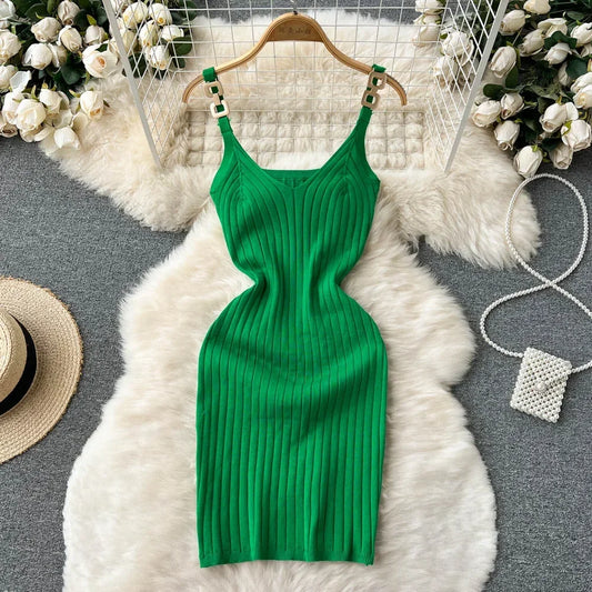 LVSANW Knitted Summer Women Solid Dress 2024 Slim V Neck Elegant Sexy Vacation Fashion Ladies A Line Midi Dresses