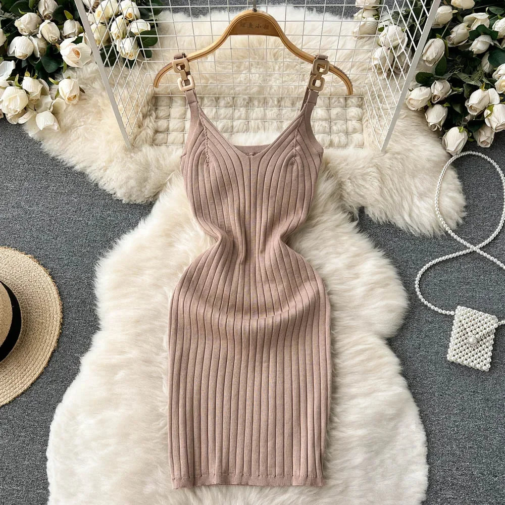 LVSANW Knitted Summer Women Solid Dress 2024 Slim V Neck Elegant Sexy Vacation Fashion Ladies A Line Midi Dresses