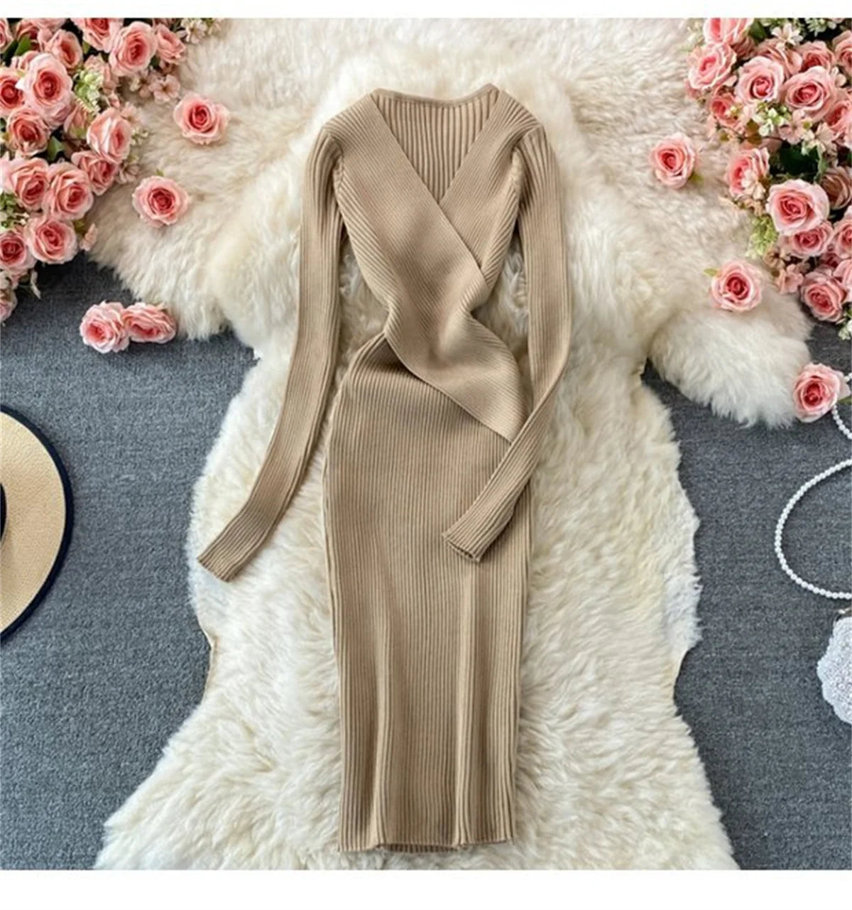 LVSANW Knitted V Neck Women Dresses Fashion Long Sleeve Retro Sexy Dress Autumn Winter Slim Solid Vestidos Lady Elegant Bodycon Robes