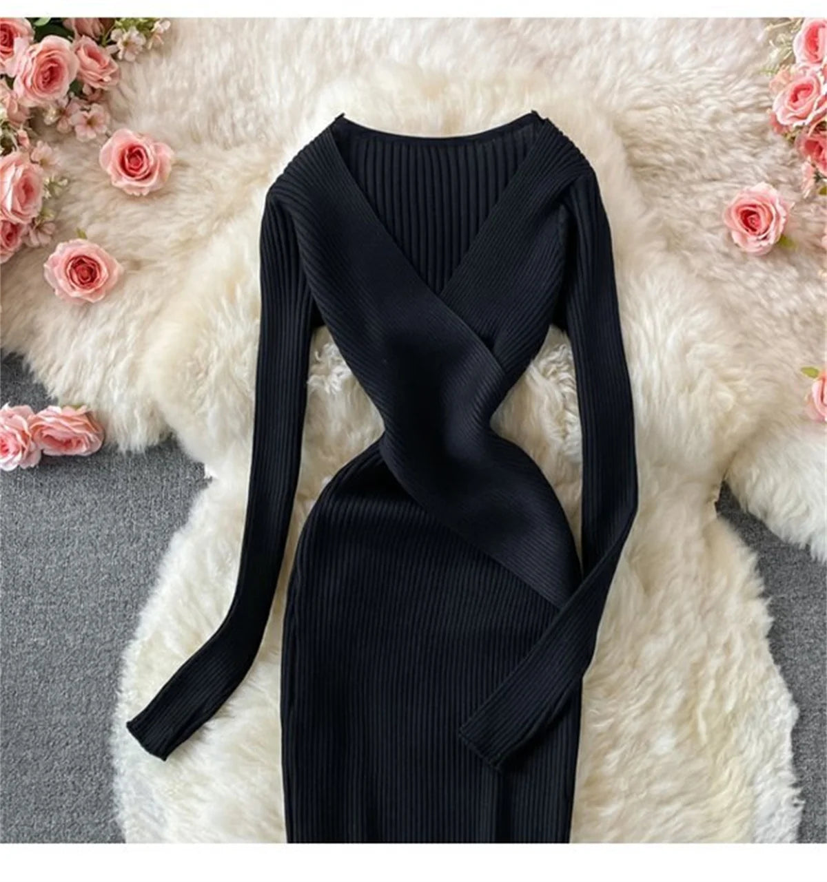 LVSANW Knitted V Neck Women Dresses Fashion Long Sleeve Retro Sexy Dress Autumn Winter Slim Solid Vestidos Lady Elegant Bodycon Robes