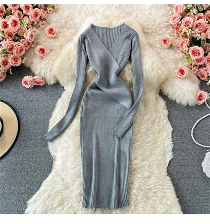 LVSANW Knitted V Neck Women Dresses Fashion Long Sleeve Retro Sexy Dress Autumn Winter Slim Solid Vestidos Lady Elegant Bodycon Robes