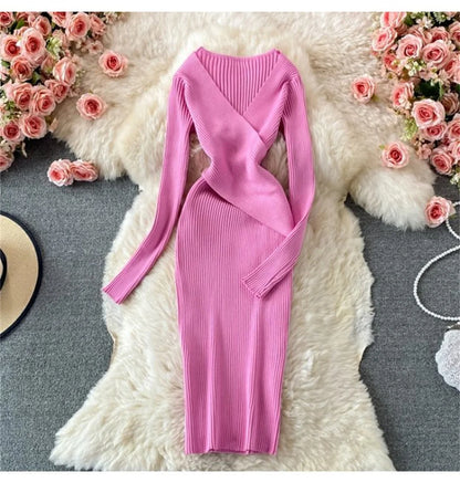 LVSANW Knitted V Neck Women Dresses Fashion Long Sleeve Retro Sexy Dress Autumn Winter Slim Solid Vestidos Lady Elegant Bodycon Robes