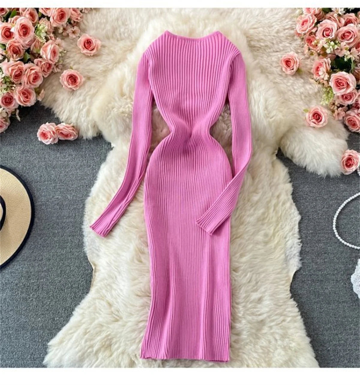 LVSANW Knitted V Neck Women Dresses Fashion Long Sleeve Retro Sexy Dress Autumn Winter Slim Solid Vestidos Lady Elegant Bodycon Robes