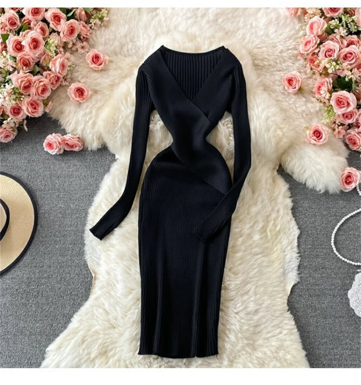 LVSANW Knitted V Neck Women Dresses Fashion Long Sleeve Retro Sexy Dress Autumn Winter Slim Solid Vestidos Lady Elegant Bodycon Robes