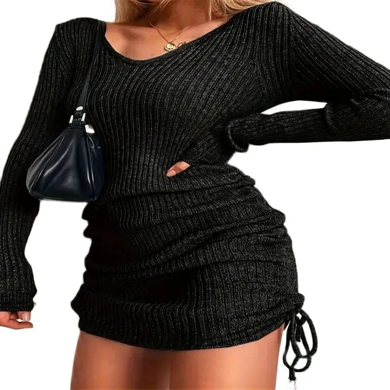 LVSANW Knitted sweater V-neck long-sleeved women's autumn and winter sexy slim-fit ribbed skirt pleated drawstring bottoming skirt