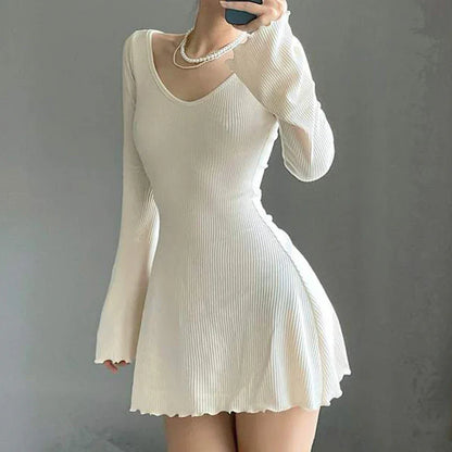 LVSANW Knitting Elegant Dress For Women Spring Fall Solid Color V Neck Office Lady Irregular Hem Simple Basic Slim Dresses