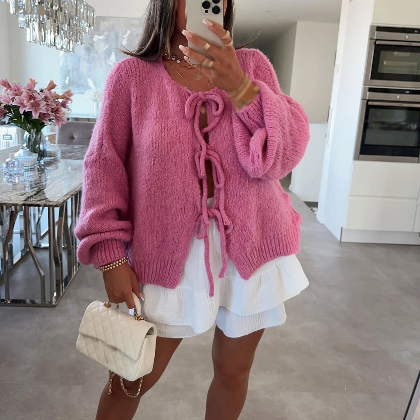 LVSANW Knitwear Lace-Up Hollow Out Cardigan Top Women's Patchwork Fashion Autumn High Street Clothes Knit Y2k Bandage Cardigan