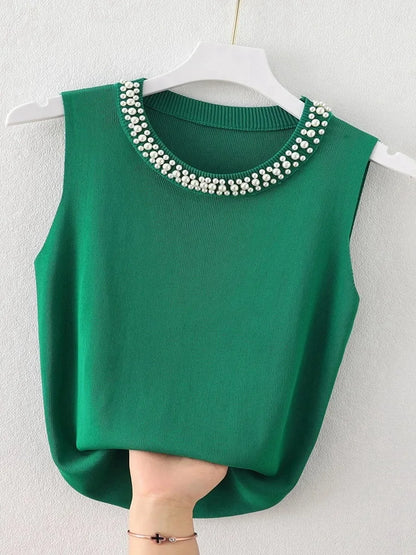 LVSANW Korea Knitted Vests Women Top Solid Tank Blusas Mujer De Moda Summer New Fashion Female Sleeveless Beading Casual Thin Tops