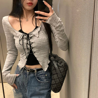 LVSANW Korean Bandage Two-piece Cardigan Camis Set Women High Street Long Sleeve Gray V-neck Slim Thin Shirts Fashion Harajuku Y2K Tops