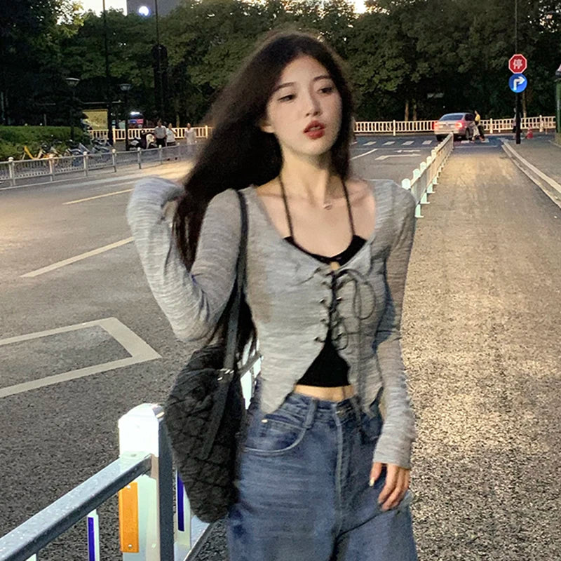 LVSANW Korean Bandage Two-piece Cardigan Camis Set Women High Street Long Sleeve Gray V-neck Slim Thin Shirts Fashion Harajuku Y2K Tops