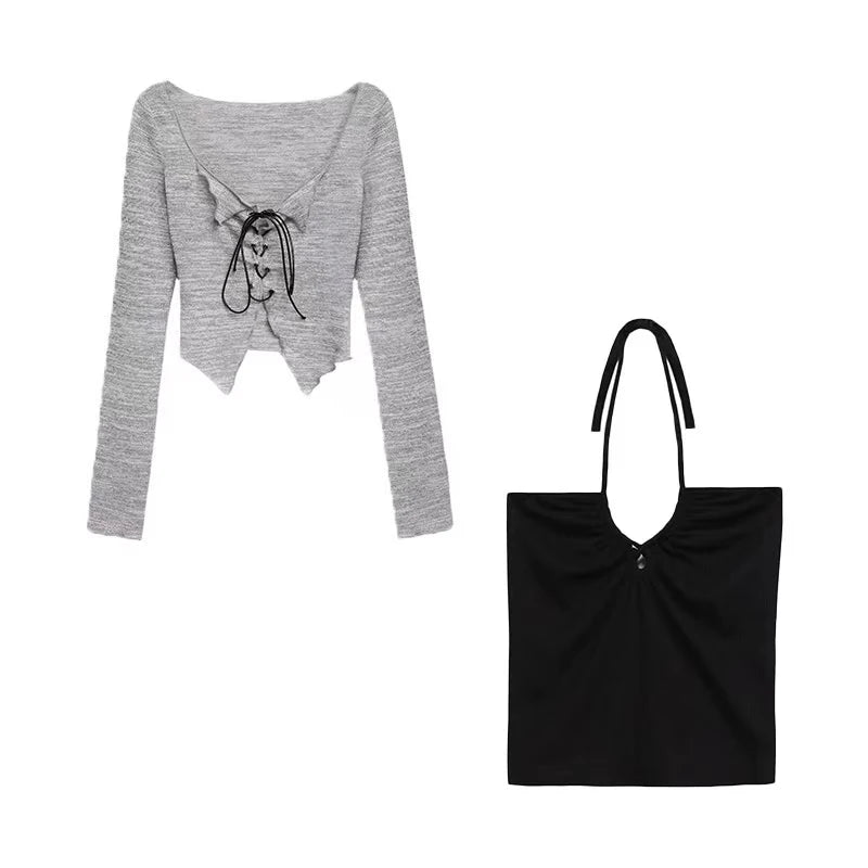 LVSANW Korean Bandage Two-piece Cardigan Camis Set Women High Street Long Sleeve Gray V-neck Slim Thin Shirts Fashion Harajuku Y2K Tops