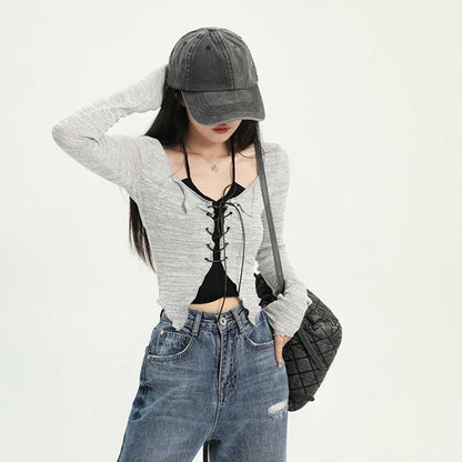 LVSANW Korean Bandage Two-piece Cardigan Camis Set Women High Street Long Sleeve Gray V-neck Slim Thin Shirts Fashion Harajuku Y2K Tops