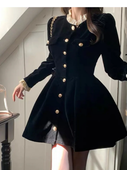 LVSANW Korean Black Velvet Dresses for Women Single Breasted Long Sleeve Evening Party Dress Autumn Y2K Fashion A-line Vestido Mujer