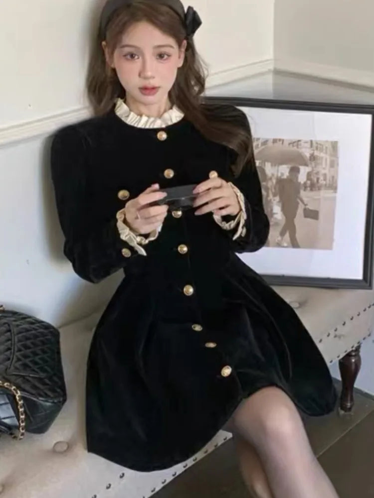 LVSANW Korean Black Velvet Dresses for Women Single Breasted Long Sleeve Evening Party Dress Autumn Y2K Fashion A-line Vestido Mujer