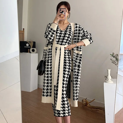 LVSANW Korean Chic 2 Piece Set Women Fall Winter Knit With Beltt Dress V-neck Houndstooth Vest Dress+Long Knit Sweater Coat Ladies Suit