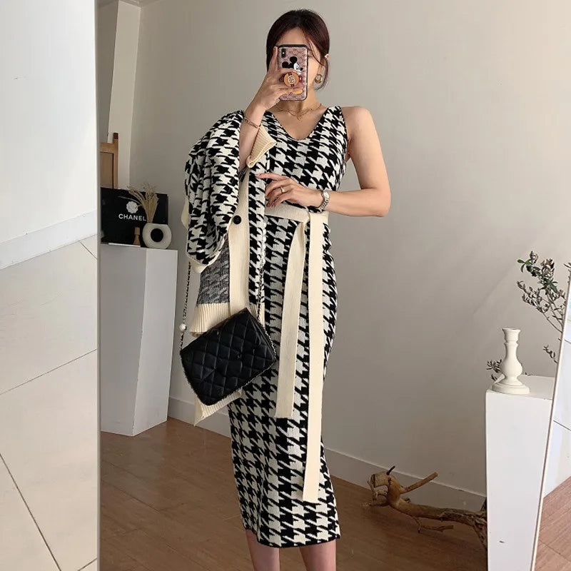 LVSANW Korean Chic 2 Piece Set Women Fall Winter Knit With Beltt Dress V-neck Houndstooth Vest Dress+Long Knit Sweater Coat Ladies Suit