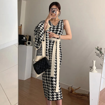 LVSANW Korean Chic 2 Piece Set Women Fall Winter Knit With Beltt Dress V-neck Houndstooth Vest Dress+Long Knit Sweater Coat Ladies Suit