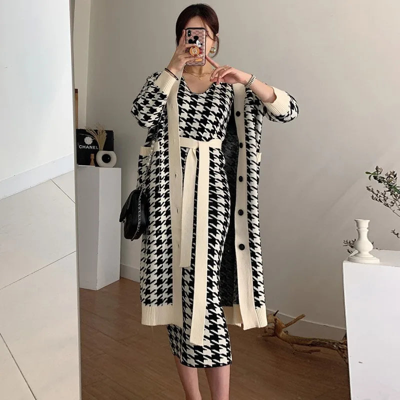 LVSANW Korean Chic 2 Piece Set Women Fall Winter Knit With Beltt Dress V-neck Houndstooth Vest Dress+Long Knit Sweater Coat Ladies Suit