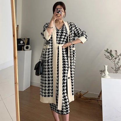 LVSANW Korean Chic 2 Piece Set Women Fall Winter Knit With Beltt Dress V-neck Houndstooth Vest Dress+Long Knit Sweater Coat Ladies Suit