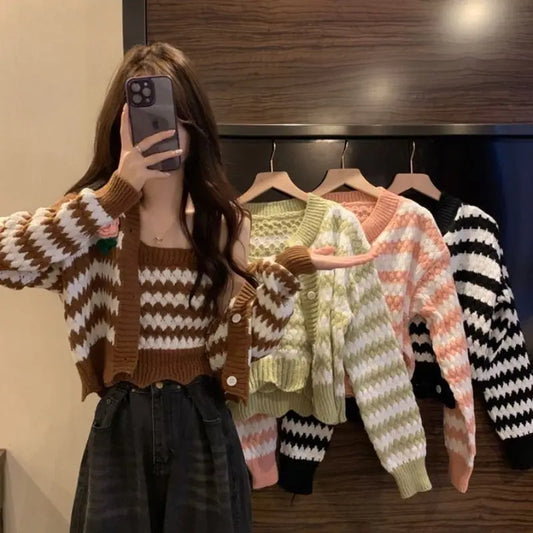 LVSANW Korean Chic Retro Striped Knitted Cardigan Cropped Sweater Suspender Camis Suit Two-piece Set Button Tops Casual Casaco Feminino