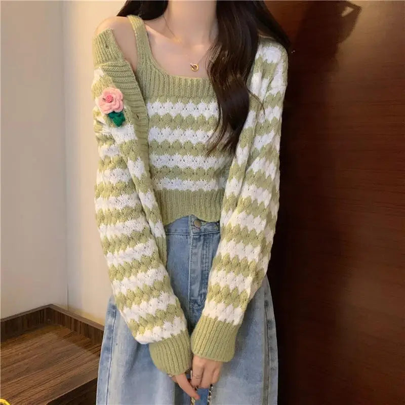 LVSANW Korean Chic Retro Striped Knitted Cardigan Cropped Sweater Suspender Camis Suit Two-piece Set Button Tops Casual Casaco Feminino