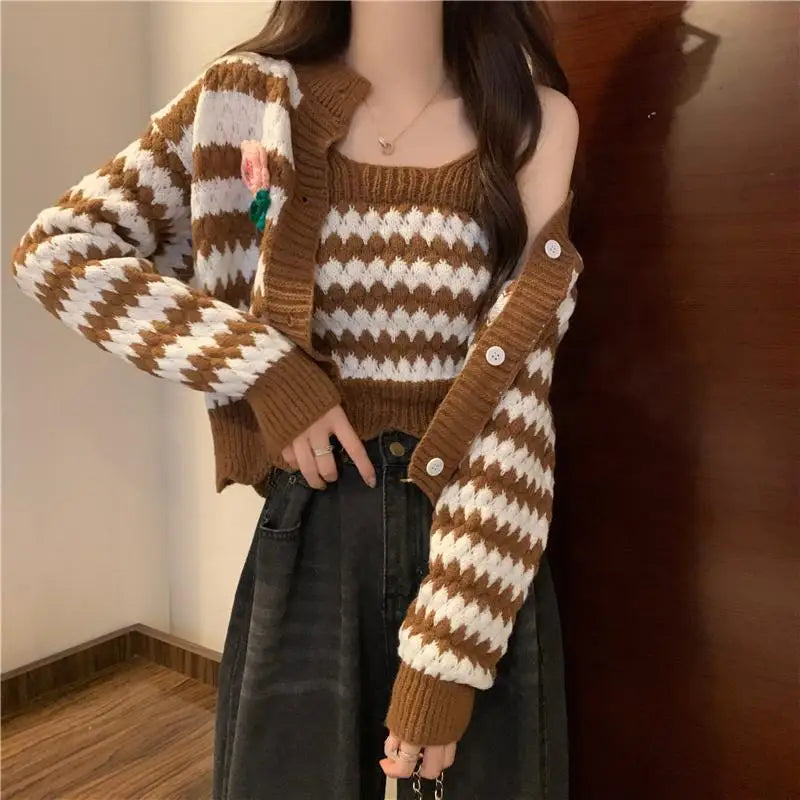 LVSANW Korean Chic Retro Striped Knitted Cardigan Cropped Sweater Suspender Camis Suit Two-piece Set Button Tops Casual Casaco Feminino