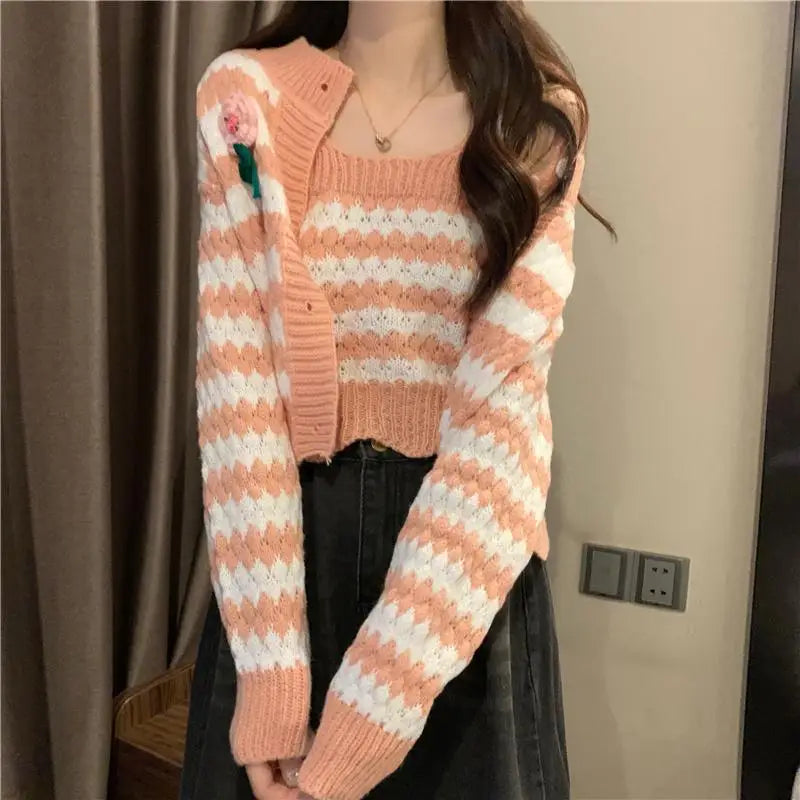 LVSANW Korean Chic Retro Striped Knitted Cardigan Cropped Sweater Suspender Camis Suit Two-piece Set Button Tops Casual Casaco Feminino