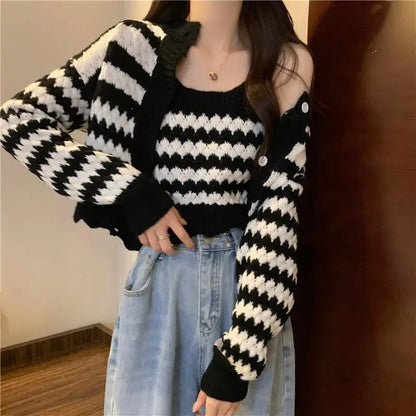 LVSANW Korean Chic Retro Striped Knitted Cardigan Cropped Sweater Suspender Camis Suit Two-piece Set Button Tops Casual Casaco Feminino