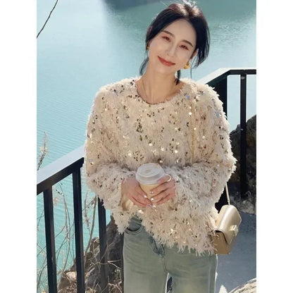 LVSANW Korean Chic Sequin Tassel Sweaters Mujer 2024 Autumn New O-neck Plush Knitted Pullover Y2k E-Girl Long Sleeve Tops Women