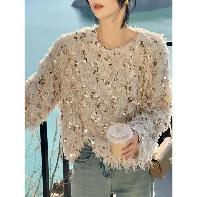 LVSANW Korean Chic Sequin Tassel Sweaters Mujer 2024 Autumn New O-neck Plush Knitted Pullover Y2k E-Girl Long Sleeve Tops Women