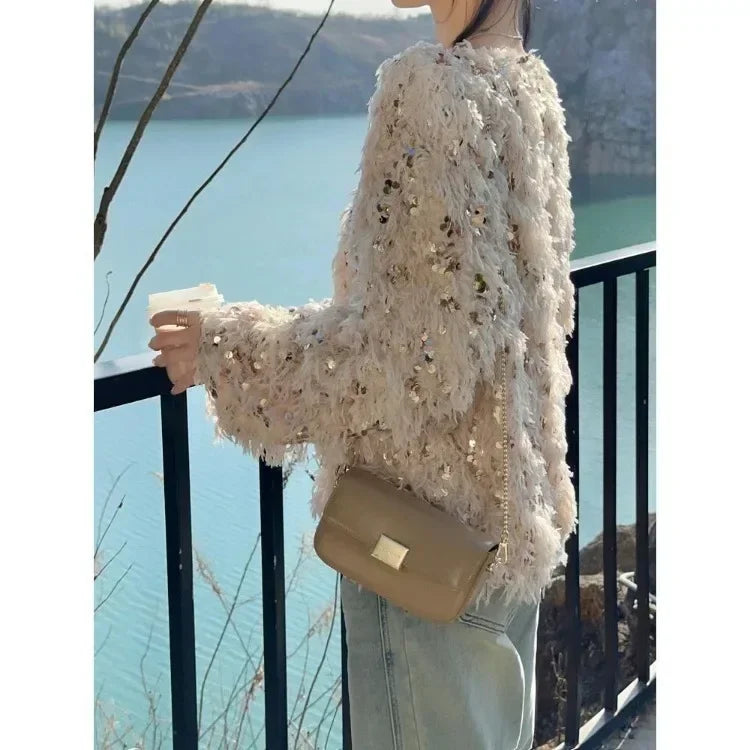 LVSANW Korean Chic Sequin Tassel Sweaters Mujer 2024 Autumn New O-neck Plush Knitted Pullover Y2k E-Girl Long Sleeve Tops Women