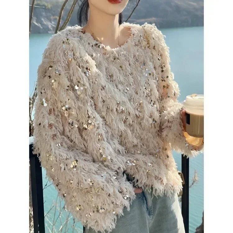 LVSANW Korean Chic Sequin Tassel Sweaters Mujer 2024 Autumn New O-neck Plush Knitted Pullover Y2k E-Girl Long Sleeve Tops Women