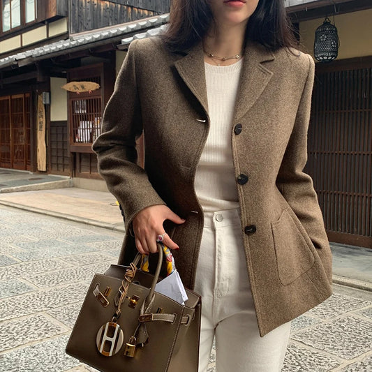 LVSANW Korean Chic Woolen Suit Jacket for Women Autumn and Winter Slim Fit Brown Commuter High end Wool Coat Blazers Women Clothing