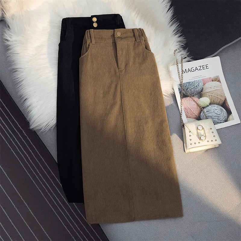 LVSANW Korean Corduroy Skirts Women High Waist Pocket Autumn Winter Slim Wrap-Around Dress Elegant Fashion Casual Solid Lady Skirt