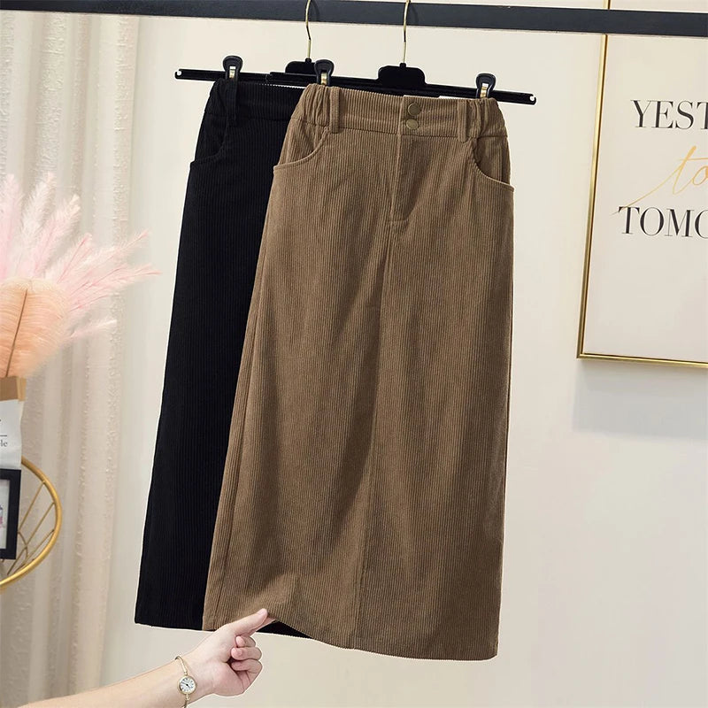 LVSANW Korean Corduroy Skirts Women High Waist Pocket Autumn Winter Slim Wrap-Around Dress Elegant Fashion Casual Solid Lady Skirt