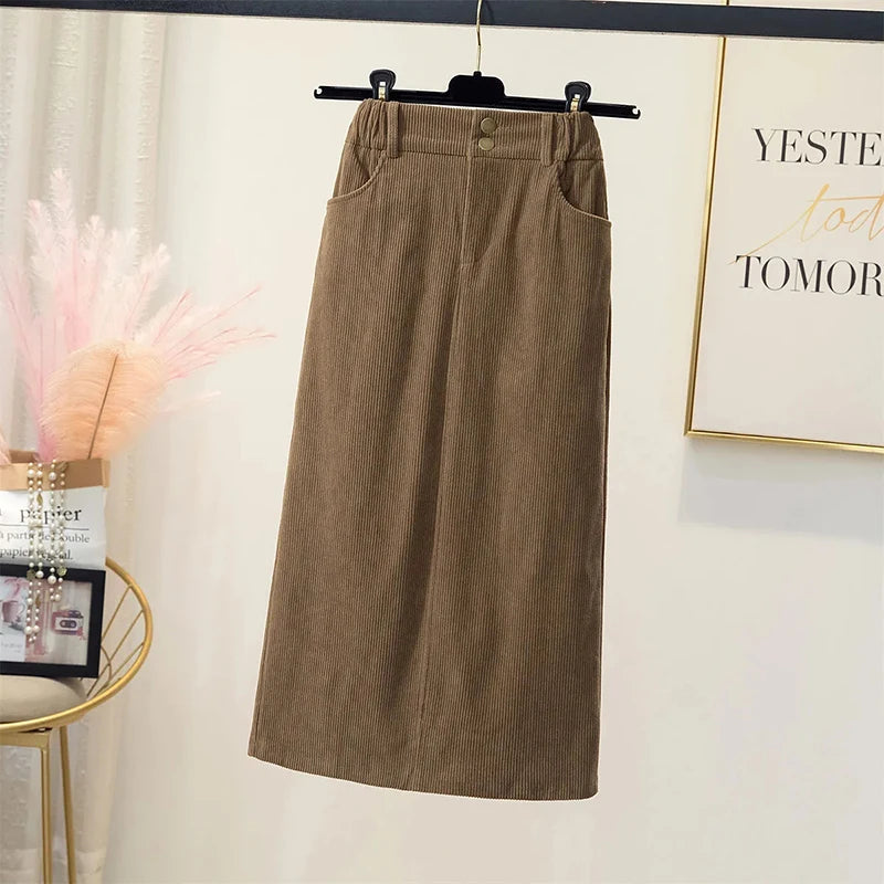 LVSANW Korean Corduroy Skirts Women High Waist Pocket Autumn Winter Slim Wrap-Around Dress Elegant Fashion Casual Solid Lady Skirt