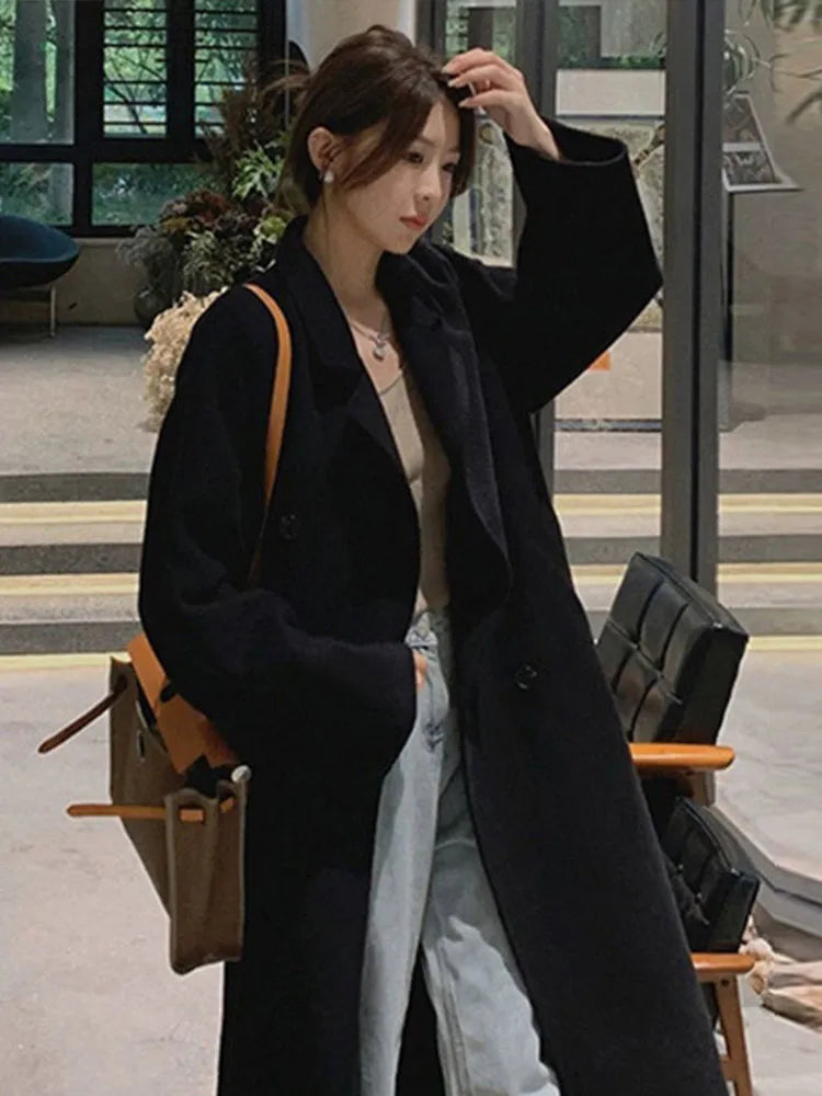 LVSANW Korean Double-Breasted Long Coats Women Casual Loose Solid Lapel Woolen Coat Female Winter All-matching Chic Street Outwear