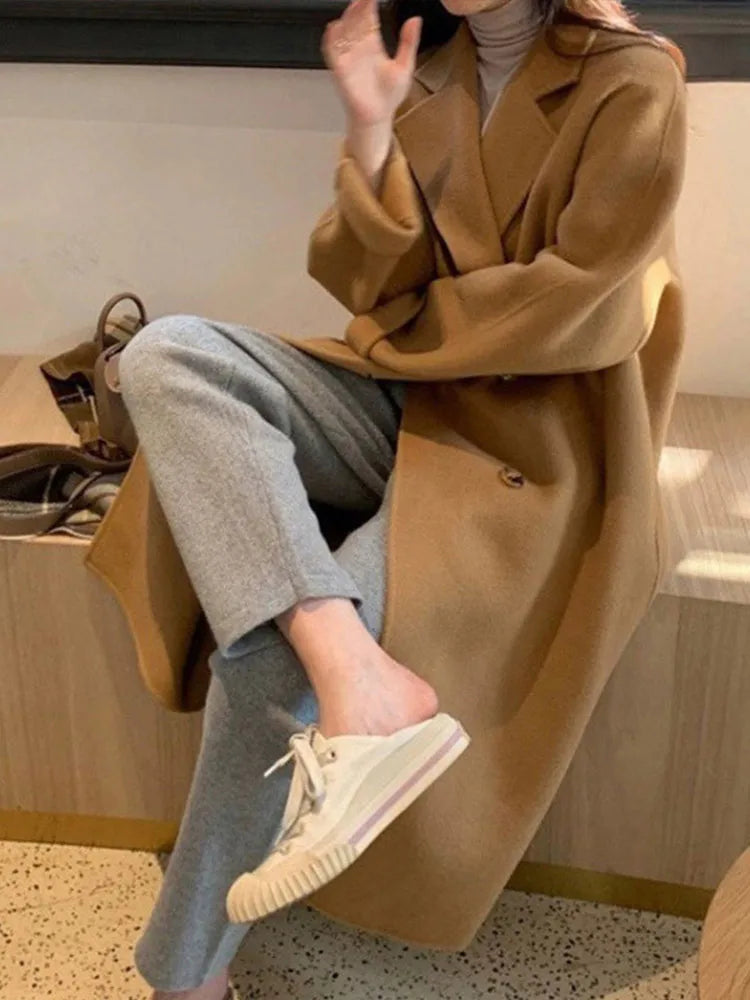 LVSANW Korean Double-Breasted Long Coats Women Casual Loose Solid Lapel Woolen Coat Female Winter All-matching Chic Street Outwear