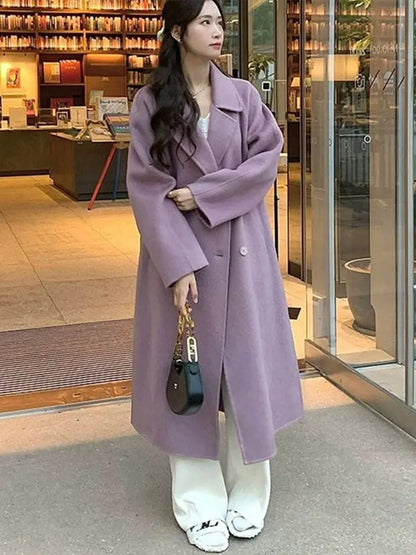 LVSANW Korean Double-Breasted Long Coats Women Casual Loose Solid Lapel Woolen Coat Female Winter All-matching Chic Street Outwear