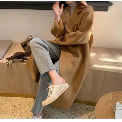 LVSANW Korean Double-Breasted Long Coats Women Casual Loose Solid Lapel Woolen Coat Female Winter All-matching Chic Street Outwear