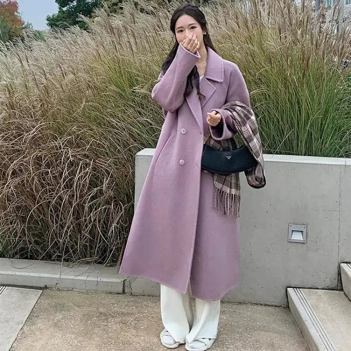 LVSANW Korean Double-Breasted Long Coats Women Casual Loose Solid Lapel Woolen Coat Female Winter All-matching Chic Street Outwear