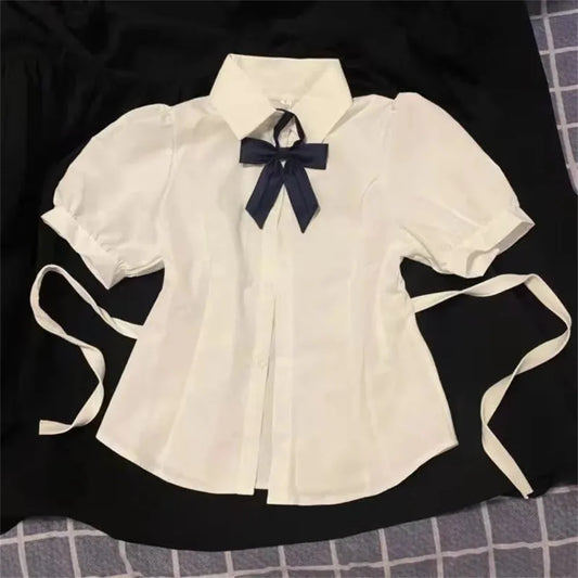 LVSANW Korean Fashion 2024 New Spring/Summer Sexy Girl Short Sleeve Preppy Style Slim JK Bandage Shirt Women's Bow Tie Neck Blouse Top