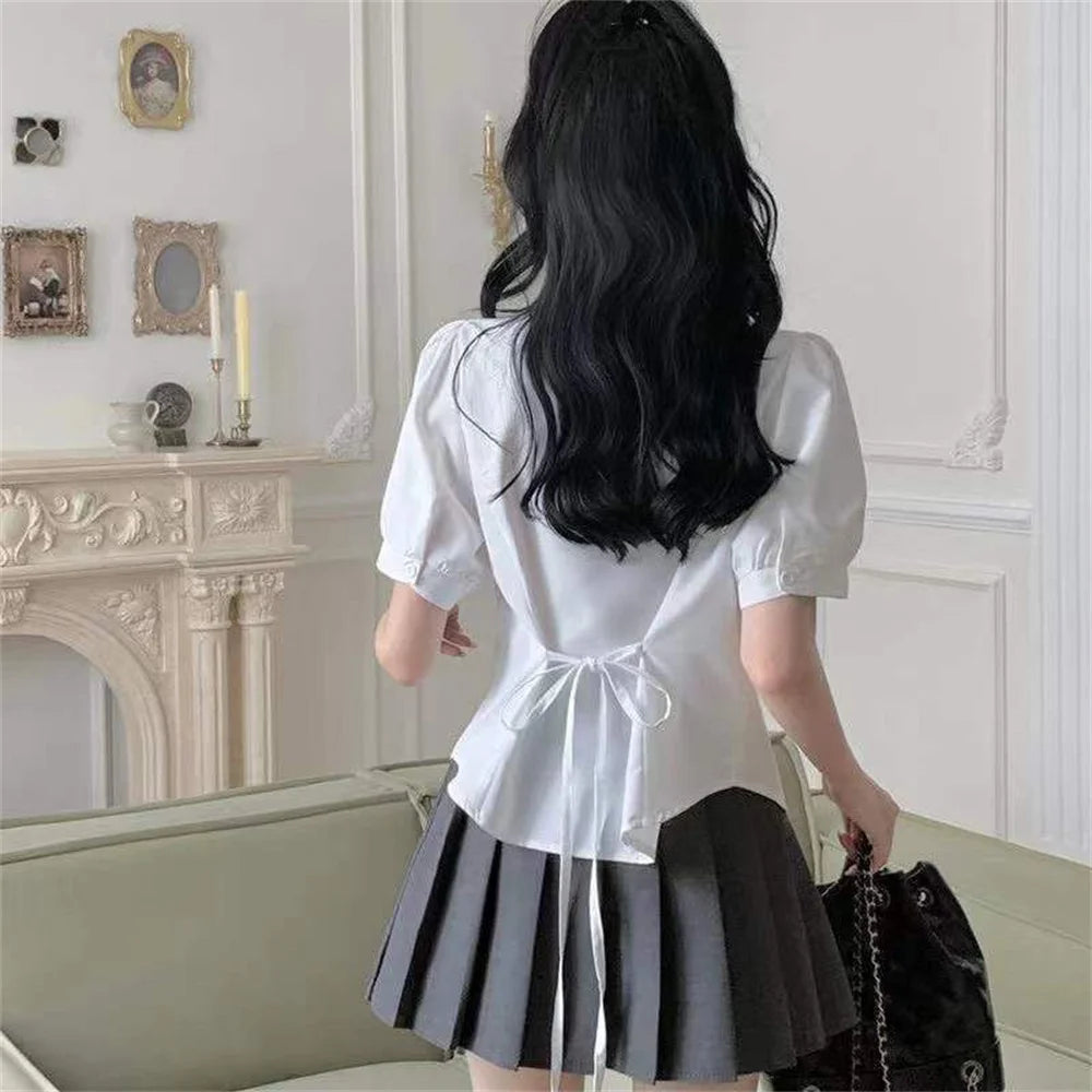 LVSANW Korean Fashion 2024 New Spring/Summer Sexy Girl Short Sleeve Preppy Style Slim JK Bandage Shirt Women's Bow Tie Neck Blouse Top