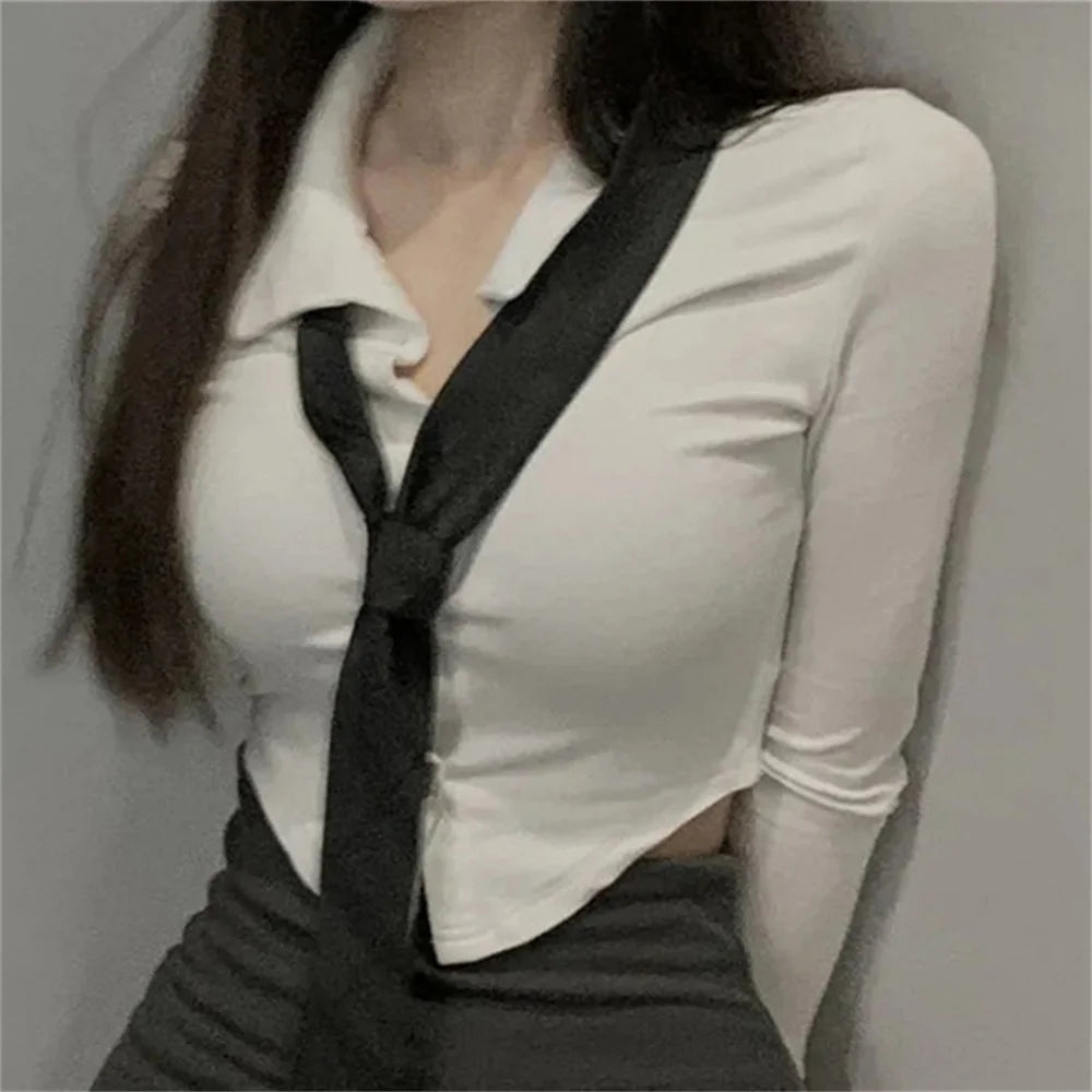 LVSANW Korean Fashion 2024 New Spring/Summer Sexy Girl Short Sleeve Preppy Style Slim JK Bandage Shirt Women's Bow Tie Neck Blouse Top